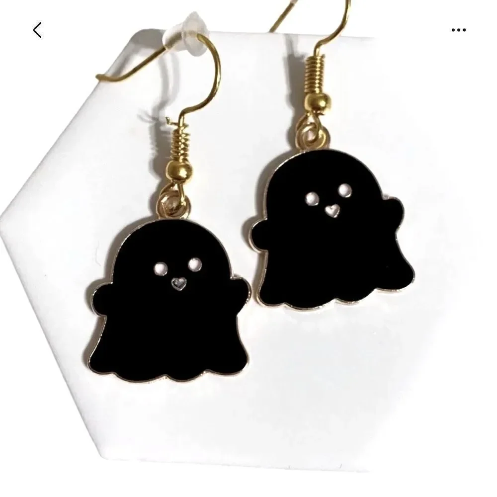 Handmade Gold Tone Black Cute Ghost Fall Halloween Drop Earrings One Size